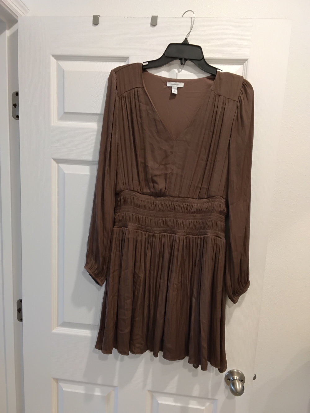 Nine West Taupe Long-Sleeve V-Neck Pleated Dress